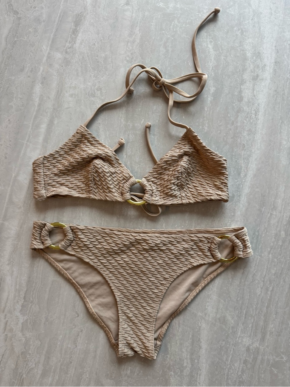H&M Textured Beige Bikini with Gold Ring Accent